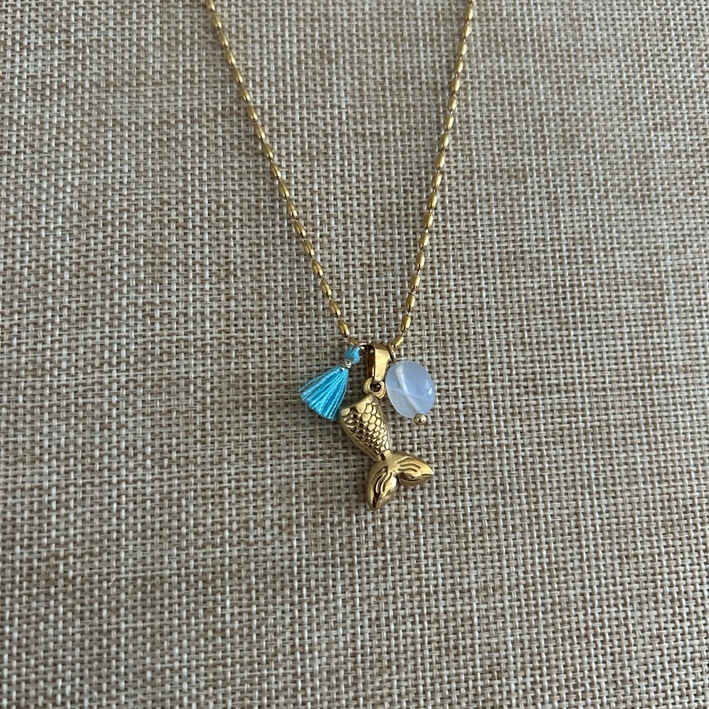 Gold Fish Pendant Necklace with Blue Tassel